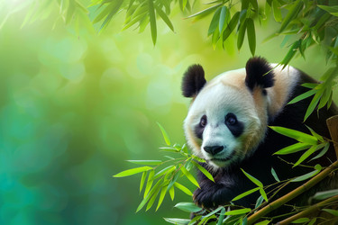 Giant panda eating bamboo in lush green forest - yliv