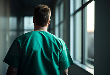 Doctor male nurse in hospital equipment back view. Generate ai - yliv