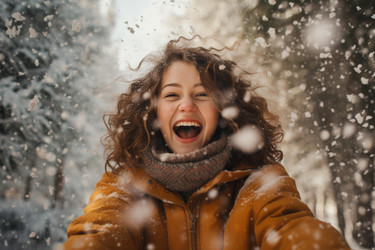 Happy woman enjoying falling snow in winter forest - yliv