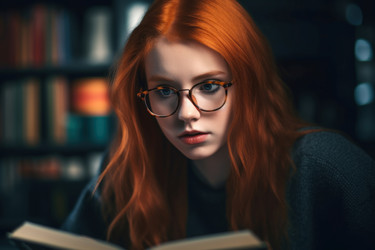 рыжеволосая женщина в очках в библиотеке. генеративный контент - yliv