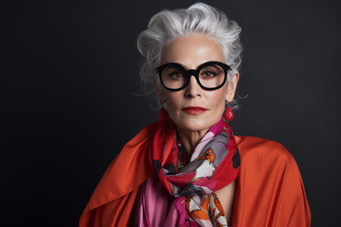 Stylish senior woman wearing glasses and colorful scarf posing on black background - yliv