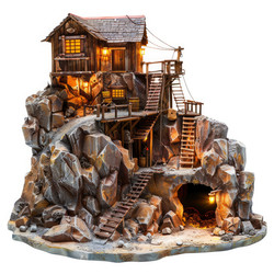 Miniature wooden mountain cabin with lights glowing in the snow - yliv