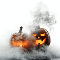 Two illuminated halloween pumpkins emerging from foggy haze - yliv