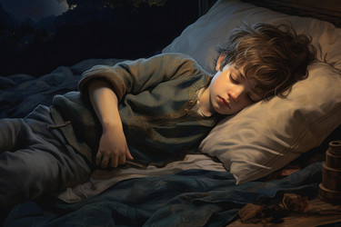 Young child sleeping peacefully in bed at night with toys nearby - yliv