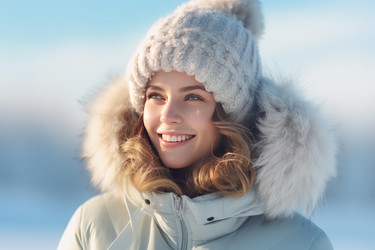 Beautiful smiling woman wearing winter clothes enjoying snowy landscape - yliv