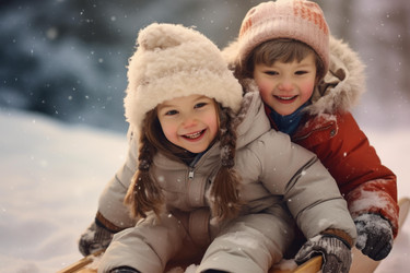 Two happy children sliding on wooden sled in snowy forest - yliv
