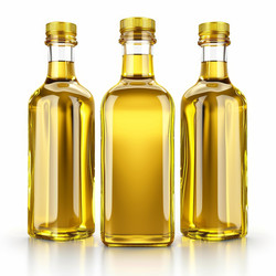 Three glass bottles filled with golden olive oil standing on white background - yliv