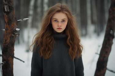 Teenage girl wearing sweater standing in snowy woods - yliv