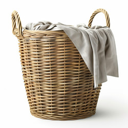 Wicker laundry basket overflowing with clothes on white background - yliv