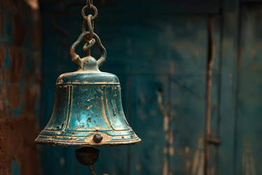 Old weathered green metal bell hanging with rusty chain - yliv