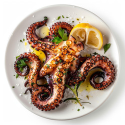 Grilled octopus with lemon and herbs on white plate - yliv