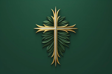 Golden christian cross adorned with emerald green palm leaves on matching background - yliv