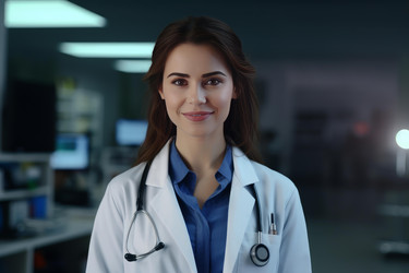 Confident female medical professional smiles in modern hospital setting - yliv