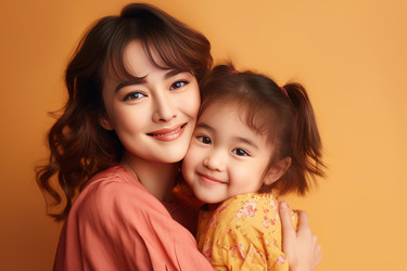 Happy mother embracing her smiling daughter on orange background - yliv