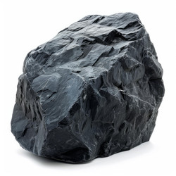 Large black rock isolated on white background exhibiting rough texture - yliv