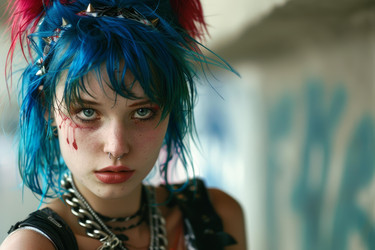 Young punk woman with blue hair and fake blood posing in front of graffiti - yliv