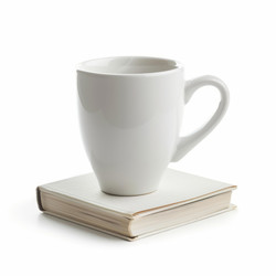 белая кофейная кружка, стоящая на книге на белом фоне - yliv