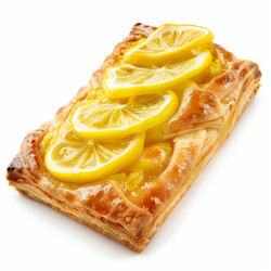 Delicious puff pastry dessert with lemon slices and glaze on white background - yliv