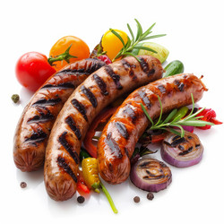 Grilled sausages with vegetables on white background - yliv
