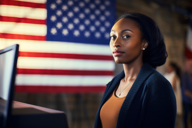 Young politician woman standing in front of united states flag at voting booth - yliv