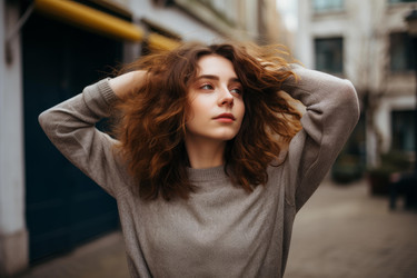 Young woman touching curly hair while walking in the city - yliv