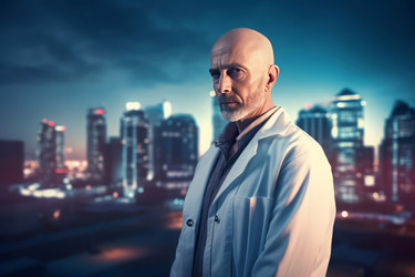 Bald headed doctor on night cityscape backdrop. Generate ai - yliv