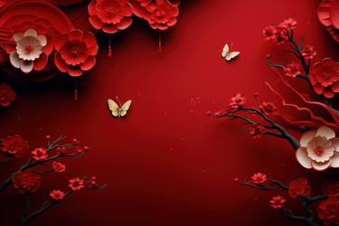 Butterflies flying around paper flowers and lanterns on red background - yliv
