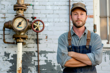 Brewer standing with arms crossed in front of pressure gauge at brewery - yliv