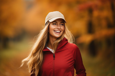 Happy hiker smiling in beautiful autumn forest - yliv