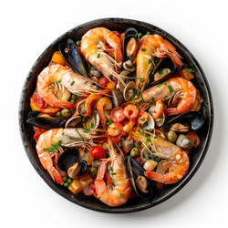 вкуснейшее блюдо паэлья из морепродуктов с креветками, мидиями, моллюсками и овощами - yliv
