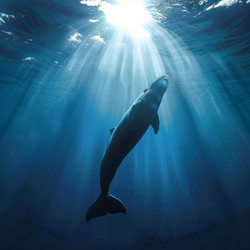 Majestic whale enjoying sunbeams underwater in deep blue ocean - yliv