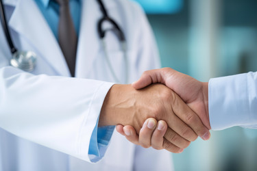 Doctor shaking hands with businessman making a deal in hospital - yliv