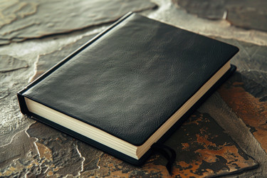 Black leather covered notebook resting on stone table - yliv