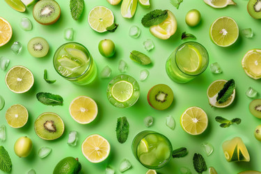 Refreshing green summer drinks with sliced limes, kiwis, and ice cubes on vibrant background - yliv