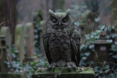 Stone owl statue guarding cemetery graves - yliv