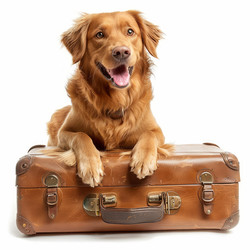 Golden retriever dog lying on a suitcase looking up - yliv