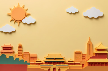 на бумажных тематических фонах изображены вырезанные здания, облака и солнце. эта сцена представляет день китая с оживленным городским пейзажем и яркими красками, генерируемыми искусственным интеллектом - Karjalainen