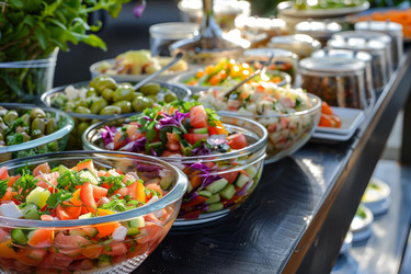 разнообразные свежеприготовленные салаты на шведском столе - yliv