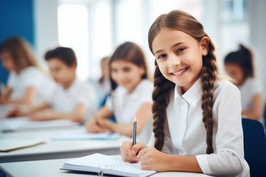 улыбающаяся школьница пишет в блокноте во время урока в начальной школе - yliv
