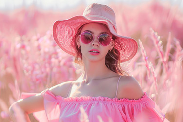 фотомодель позирует в розовом платье и шляпке на цветущем поле - yliv