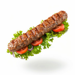 люля-кебаб на гриле с овощами, плавающими на белом фоне - yliv