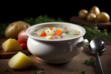 миска для белого картофельного супа на кухонном столе. генеративный контент - yliv