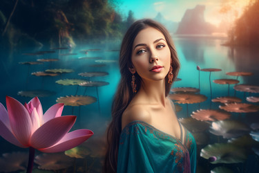 женщина на фоне экзотического пейзажа с лотосами у пруда. генеративный контент - yliv