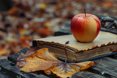 красное яблоко, лежащее на старой книге в окружении осенних листьев - yliv