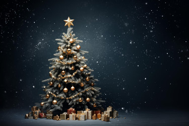 рождественская елка с золотыми украшениями и подарками стоит на темном фоне с падающим снегом - yliv