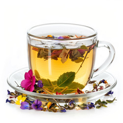 стеклянная чашка травяного цветочного чая с сухоцветами вокруг на белом фоне - yliv
