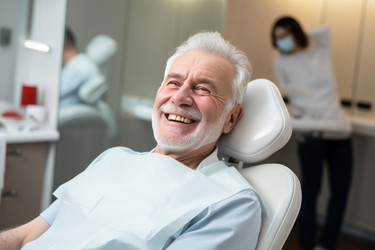 пожилой мужчина улыбается, сидя в кресле стоматолога во время медицинского осмотра - yliv