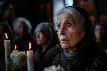 пожилая женщина молится со свечами в церкви во время мессы - yliv