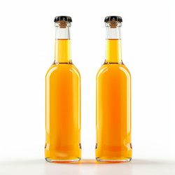 две стеклянные пивные бутылки с черными крышками, стоящие на белом фоне - yliv