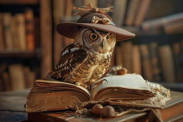 мудрая сова в шляпе читает древнюю книгу в библиотеке - yliv